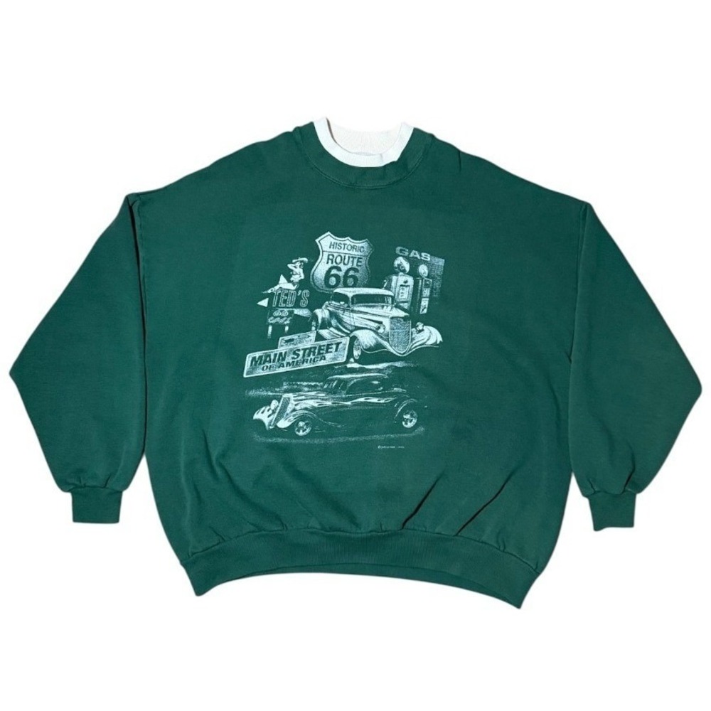 Vintage 90s Route 66 Hot Rod Car Auto Double Collar Graphic Pullover Crewneck